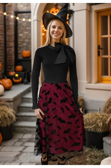 Velvet Bats Mesh Tulle Midi Skirt in Burgundy Halloween Costumes