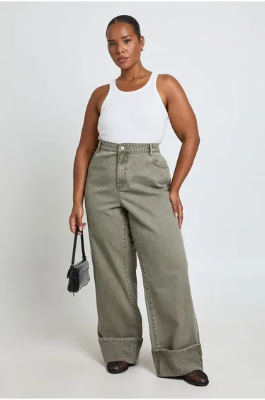 Plus High Waist Turn Up Straight Leg Jean - washed khaki