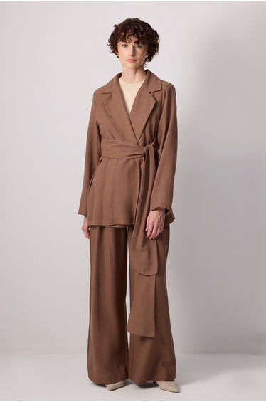 DOUBLE BREASTED JACKET AND PANTS SET WITH TIE DETAIL