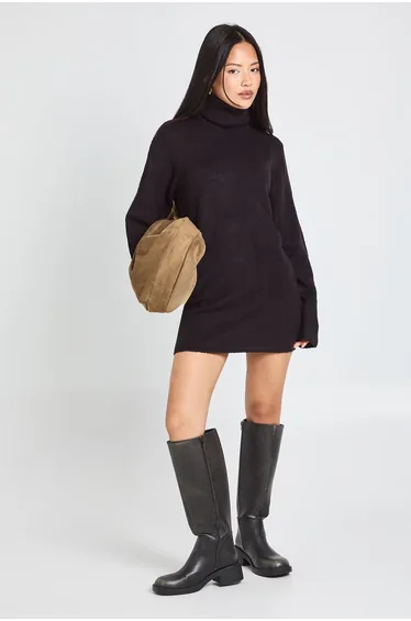 Petite Roll Neck Chunky Knit Mini Dress - black