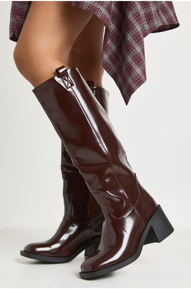 Patent Knee High Low Block Heel Boots - burgundy