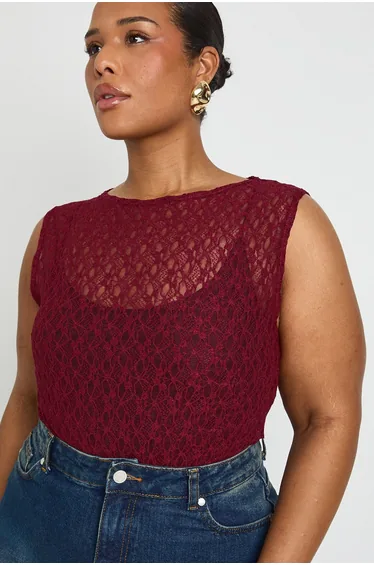 بودي سوت بوهو أحمر بلا أكمام - للمقاسات الكبيرة