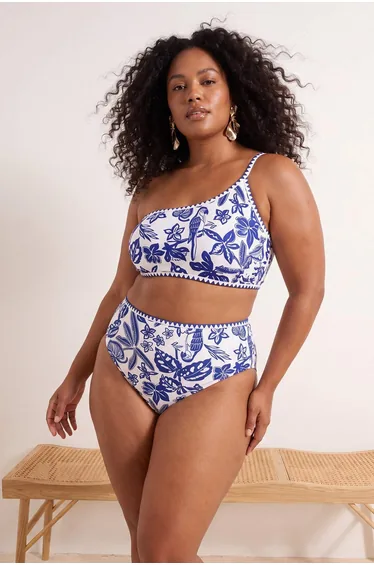 Blue Tropical Patterned Embroidered One-Shoulder Plus Size Bikini Top