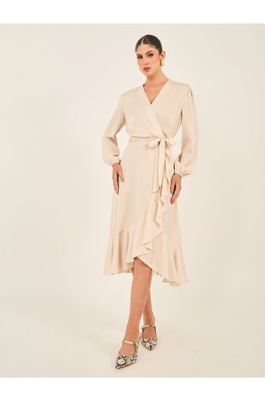 Solid Balloon Sleeve Wrap Midi Dress with Ruffle Details