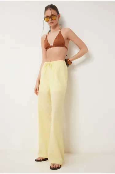 Women's Yellow Scalloped Wide Leg Linen Trousers