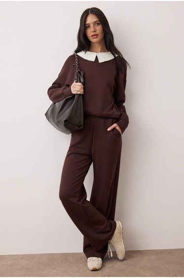 Brown polo collar color block woven trim knit top and bottom set