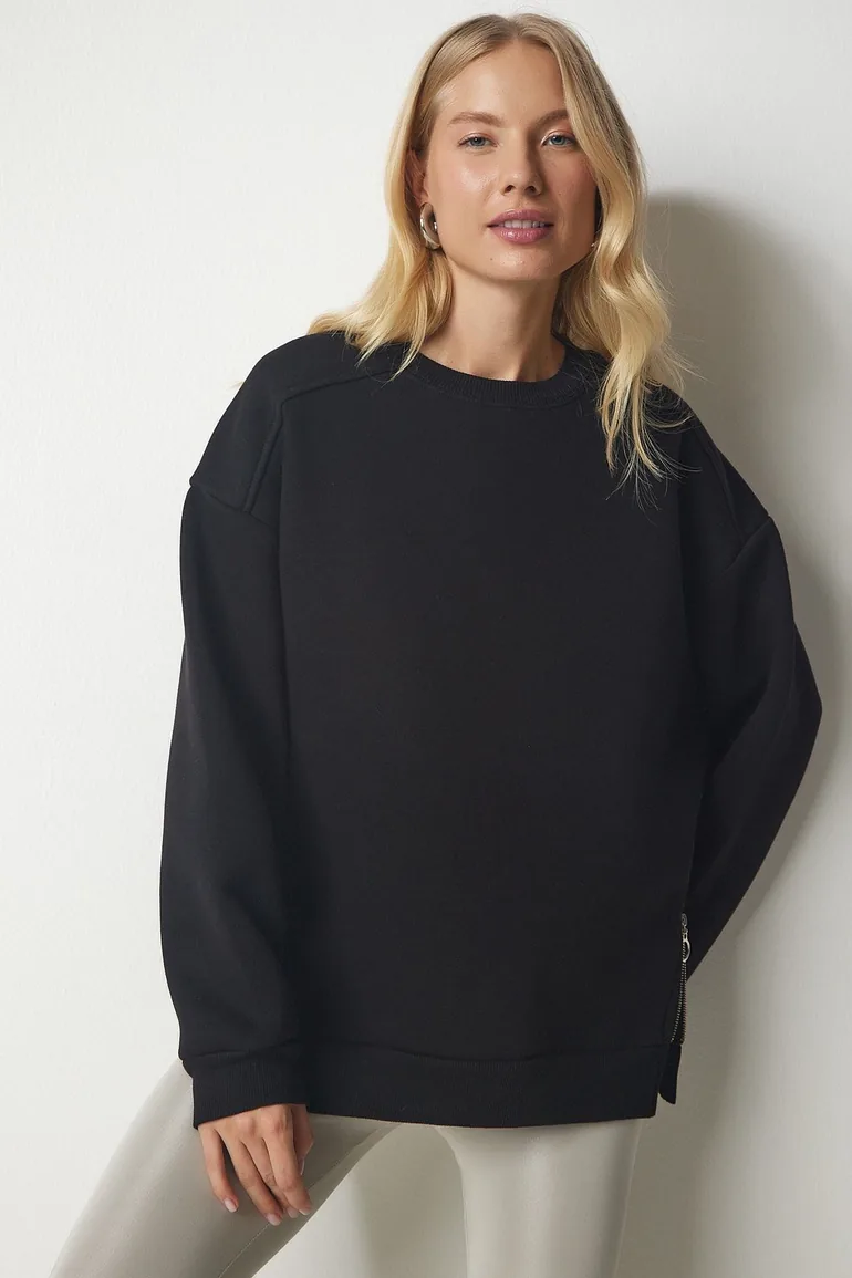 Women's Black Zip-Detailed Rayon Knitted Sweatshirt UB00148 - 1