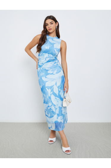 Floral Print Mesh Sleeveless Bodycon Maxi Dress
