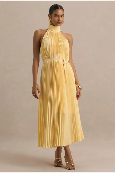 Tulip | Lemon Pleated High-Neck Midi Dress