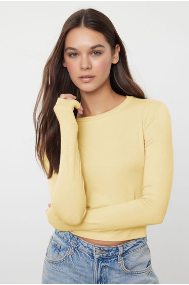 Yellow Premium Viscose Crew Neck Crop Flexible Knitted Blouse
