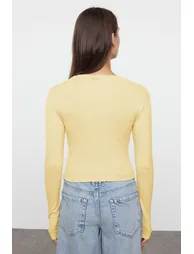 Yellow Premium Viscose Crew Neck Crop Flexible Knitted Blouse - 4
