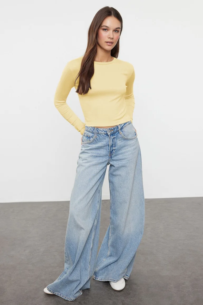 Yellow Premium Viscose Crew Neck Crop Flexible Knitted Blouse - 1