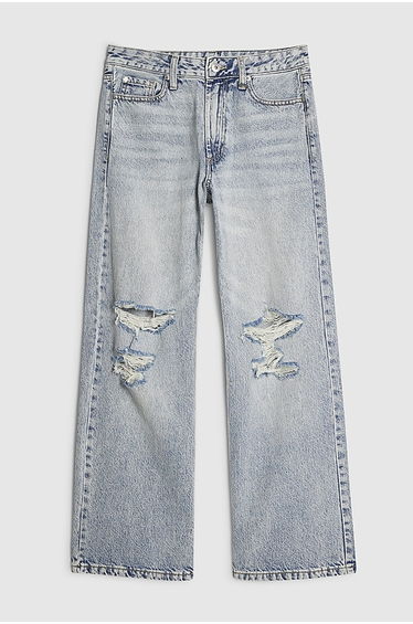 Petite Blue Relaxed Straight Leg Ripped Jeans