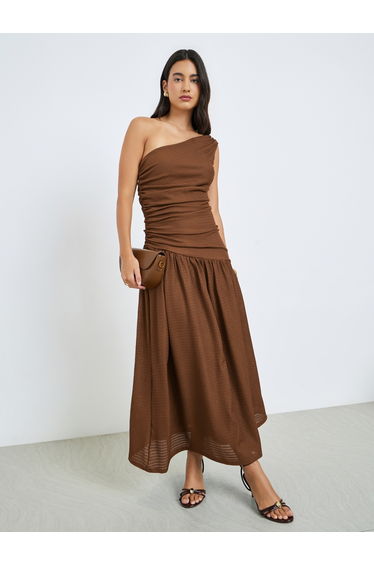 Brown Ruched One Shoulder A-Line Maxi Dress