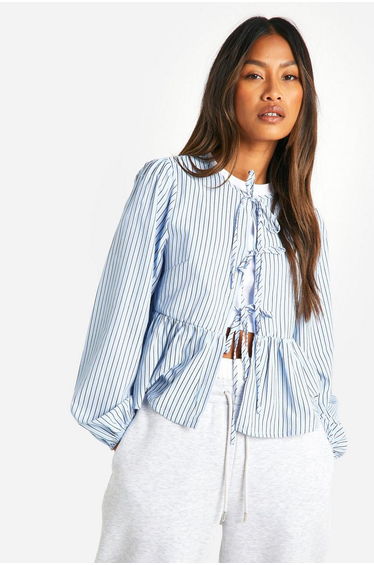 Blue Stripe Tie Front Puff Long Sleeve Smock Top - blue product thumbnail 2