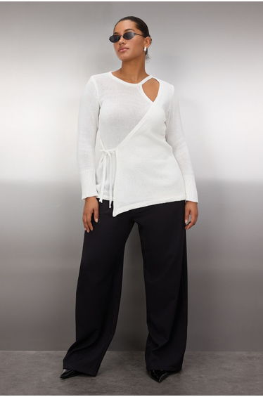 Ecru Double-Breasted Tie Detailed Thin Knit Blouse