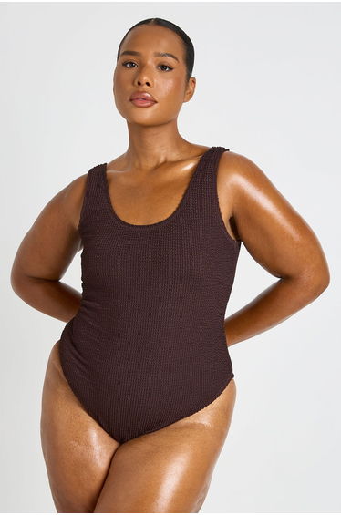 Plus Crinkle Scoop Neck Trim Detail Swimsuit - chocolate