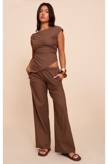 Chocolate Woven One Shoulder Asymmetric Long Top