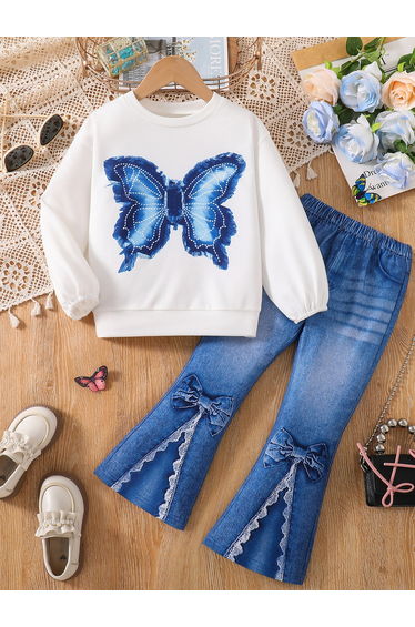 Girls Butterfly Print Top and Flare Pants Set