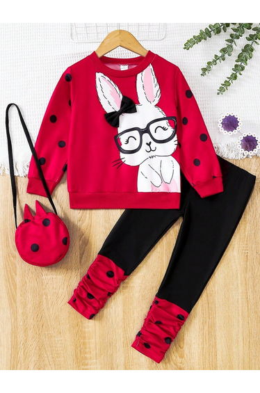 Graphic Print Sweatshirt with Ruched Leggings and Crossbody Bag Set
