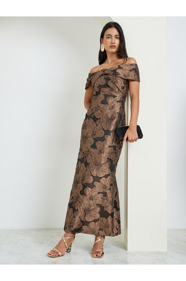 Black Floral Jacquard Off-Shoulder Maxi Dress