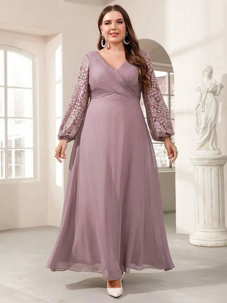 Leely Plus Women's Elegant V Neck Bishop Sleeve A Line Dress