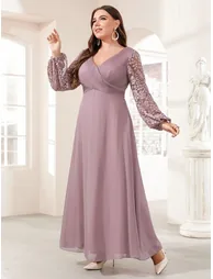 Leely Plus Women's Elegant V Neck Bishop Sleeve A Line Dress - 5