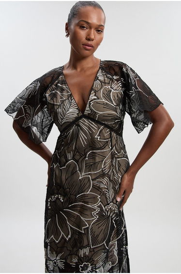 Plus Size Hand Embroidered And Sequin Organdie Deep V Woven Maxi Dress
