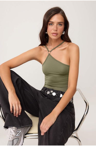Khaki Body-Fitting Asymmetric Collar Thin Strap Sleeveless Stretchy Knitted Bodysuit