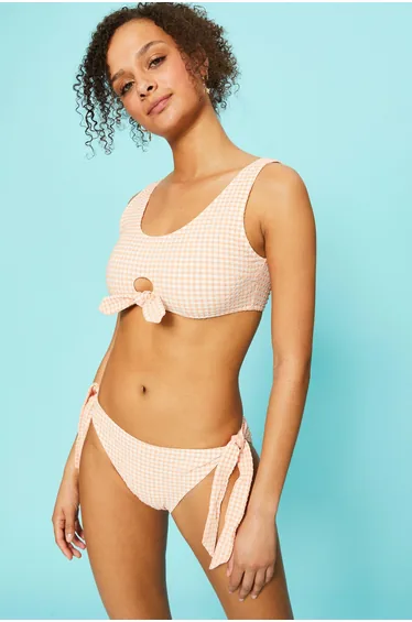 Gingham Tie Side Bikini Bottom - pink