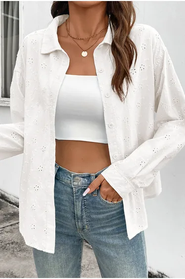 Lvness White Solid Eyelet Flower Pattern Button Down Loose Shirt