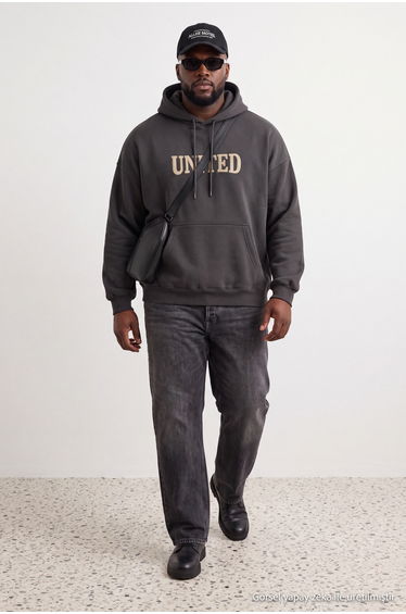 Plus Size Anthracite Oversize/Wide Cut Fleece Inside/Warm Embroidered Sweatshirt
