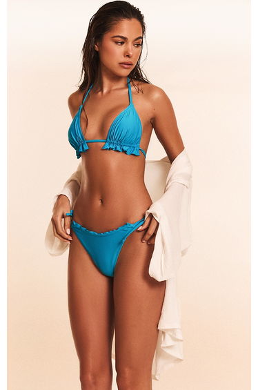 Blue Frill Edge Triangle Bikini Top