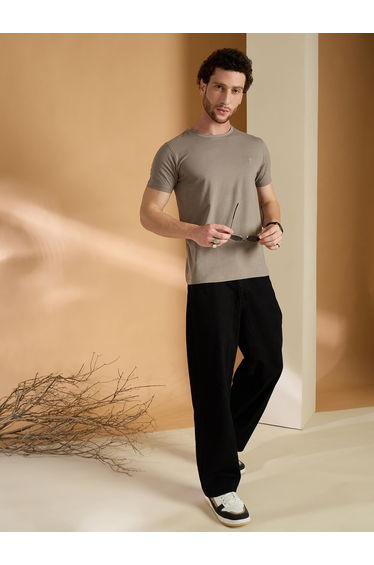 Brown Cotton Blend Round Neck T-Shirt