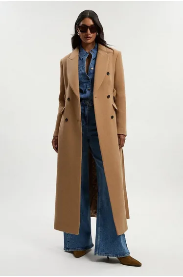 Petite Wool Double Breasted Belted Tailored Maxi Coat