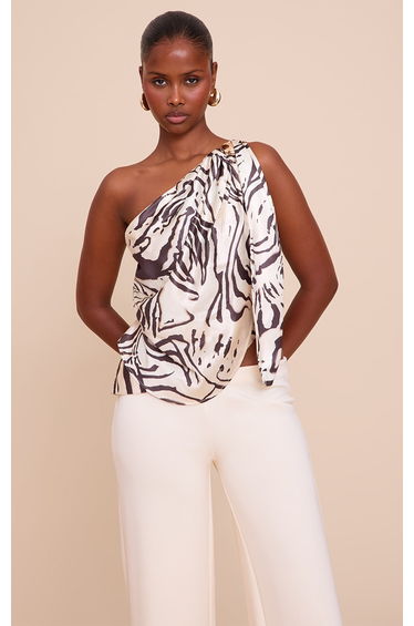 Beige Printed Satin Drape Trim Detail Top