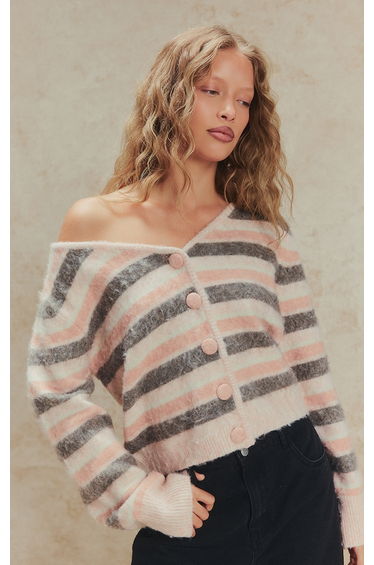 Pink Striped Brushed V Neck Covered Button Knitted Cardigan