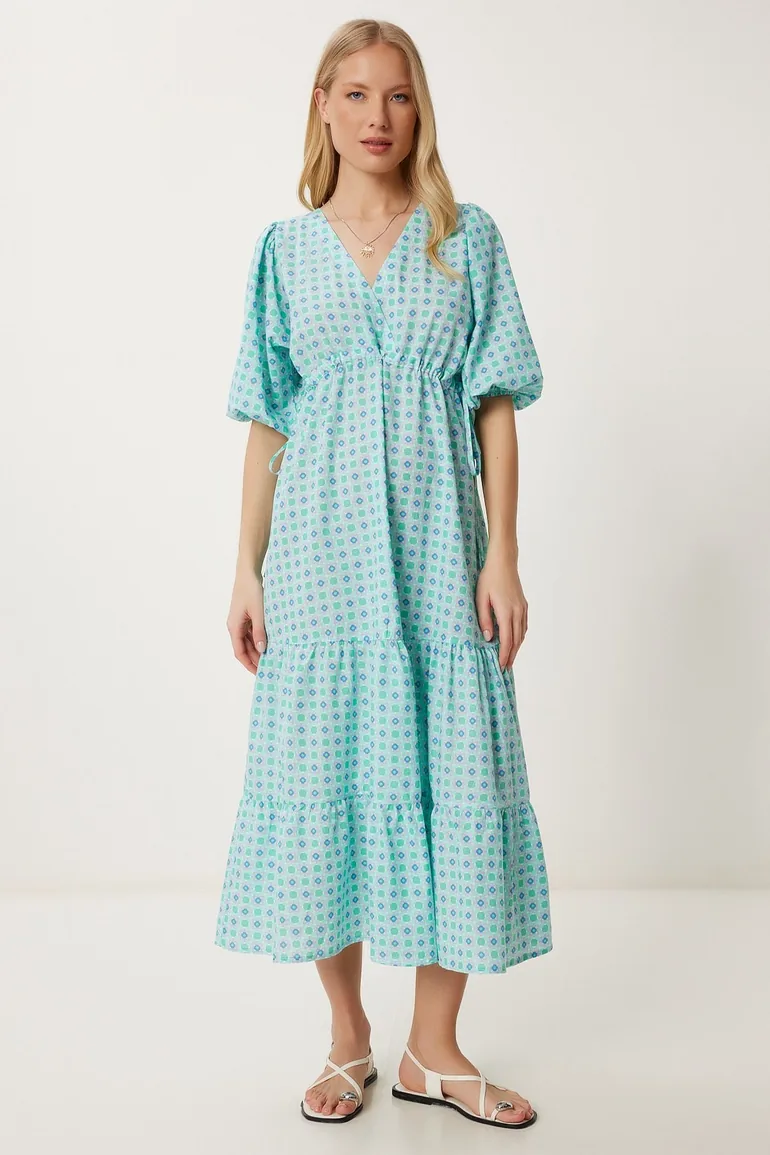 cotton on woven dress Lemon Cotton Puff Sleeve Woven Midi Shirt Dress With Dropped Waist Detail