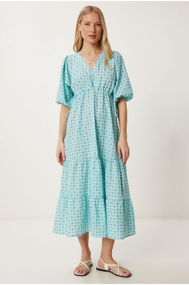 Women's Mint Green Wrap Collar Patterned Woven Dress