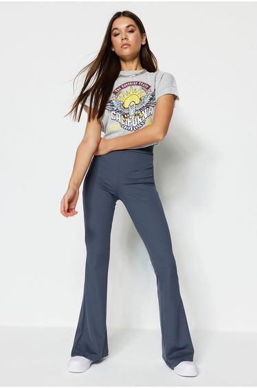 Anthracite Ribbed Flare / Flare Leg High Waist Stretchy Knitted Leggings Trousers
