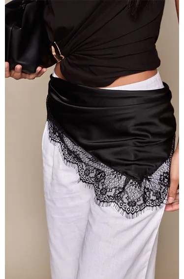 Black Satin Lace Trim Scarf