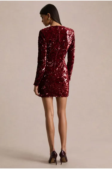 فستان قصير بأكمام طويلة بياقة عميقة مزين بالترتر - أحمر