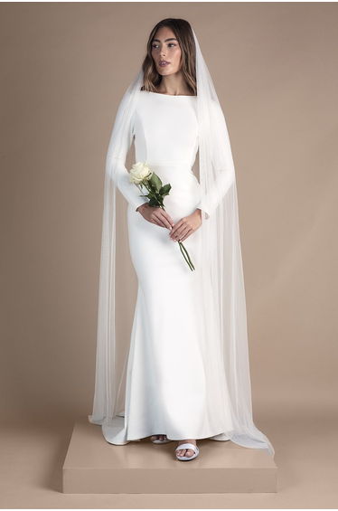 Petite Slash Neck Puddle Wedding Dress