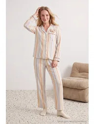 Blue-Multicolor Striped Shally Woven Pajama Set