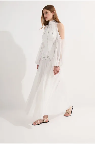 Tall High Neck Embellished Ruched Georgette Woven Maxi Dress