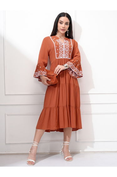 Women Embroidered Long Sleeves A-Line Midi Dress
