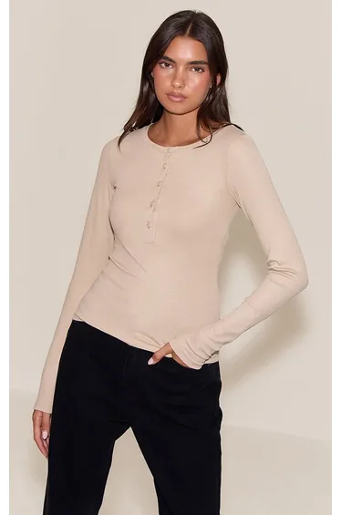Oatmeal Soft Rib Button Up Fitted Long Sleeve Top