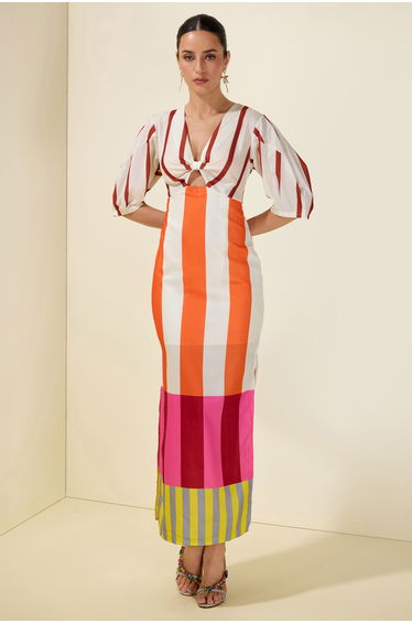 Stripe Knotted Mid Sleeve Midi Dress