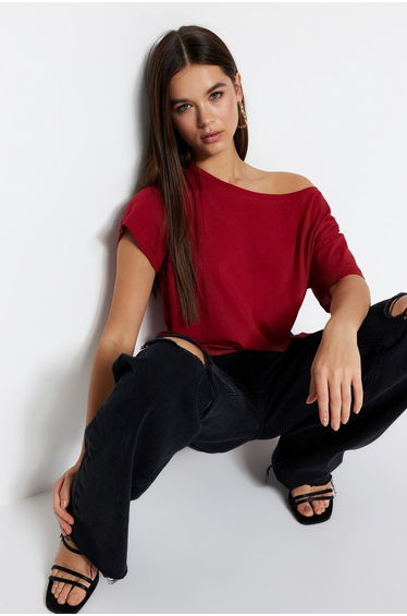 Red 100% Cotton Oversize/Wide Pattern Boat Neck Knitted T-Shirt