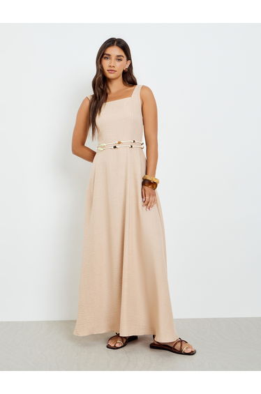 Beige Sleeveless A-Line Maxi Dress